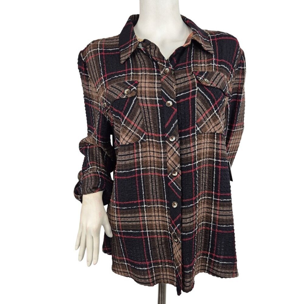 John Mark Shirt Floral Top Blouse Size 3X Plaid Floral Brown Long Sleeve (02)